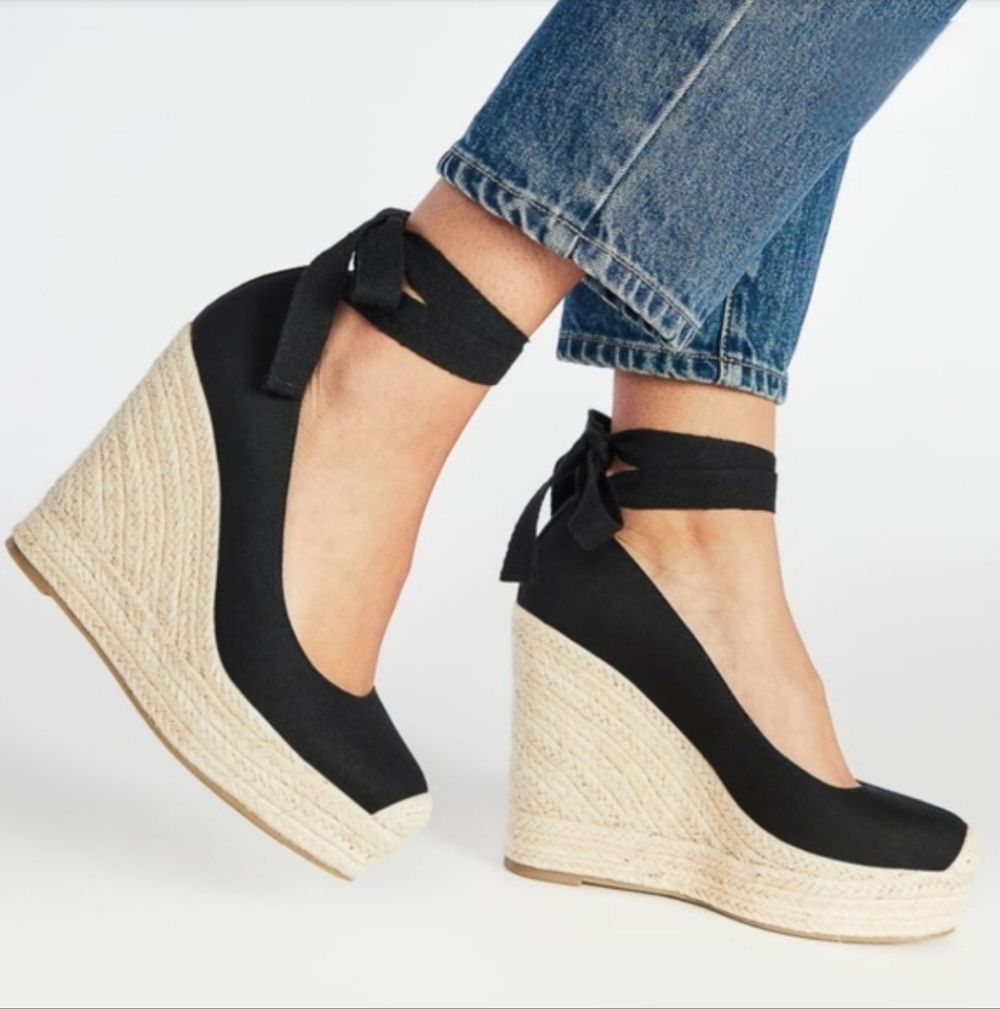 ShoeDazzle Vilette 9 Black Linen Canvas Jute Espadrille Ankle Tie Wedges NWT